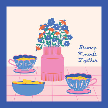 Table Decoration with Tea and Fresh Flower on Vase