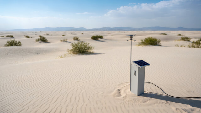 Futuristic tech meets desolate beauty innovative weather station with solar panel in a desert landscape, offering a captivating vision of sustainability