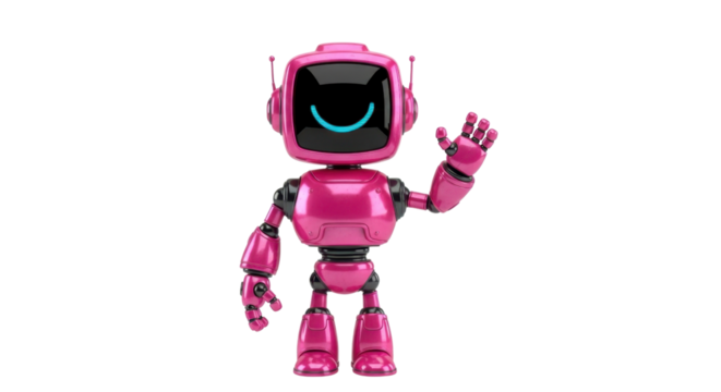 Friendly pink robot waving hello with a bright smile, perfect for tech and innovation projects.