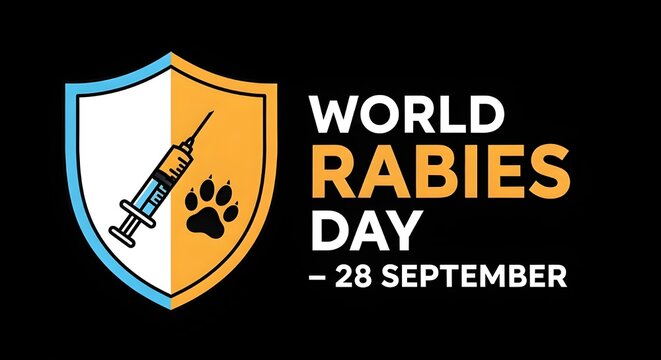 World rabies day september 28th shield with syringe and paw print illustration