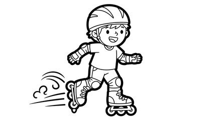 Happy Boy Rollerblading with Protective Gear, Showing Motion, Isolated White Background, Coloring Page