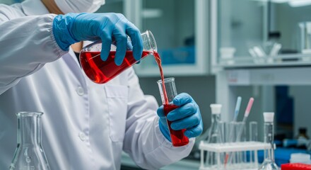 Scientist in Protective Gear Pouring Red Liquid into Test Tube in a Modern Laboratory