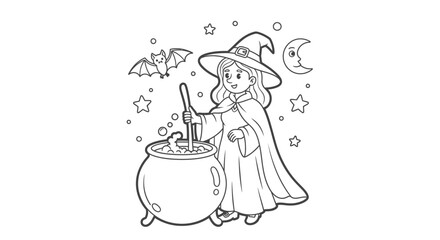 Friendly Witch Stirring a Cauldron with Bats and Stars, Magical Scene, Coloring Page