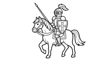 Brave Medieval Knight in Armor Riding Horse with Spear, Isolated White Background.