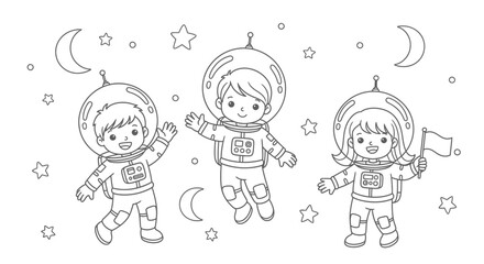 Happy Young Astronauts Floating in Space with Stars and Moon, Isolated White Background.