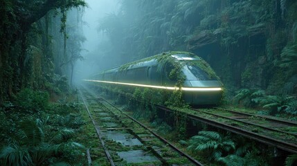 Train lost in a misty overgrown jungle