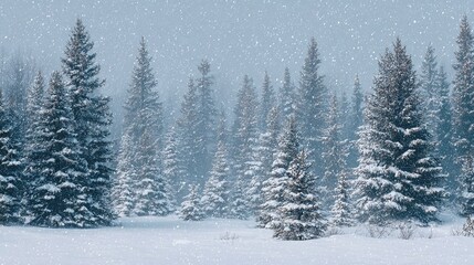 Obraz premium Winter Forest Scene: Snow falls gently on evergreen trees, creating a serene and picturesque landscape. A classic winter wonderland view.
