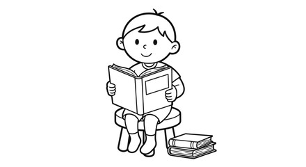 Young boy sitting comfortably and reading a book with a stack of books beside him on an isolated white background.