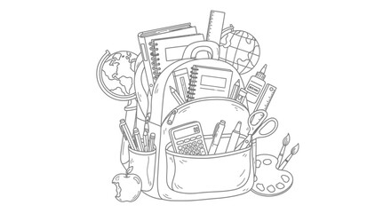 School backpack filled with various educational supplies like books, globe, and art materials, on an isolated white background.