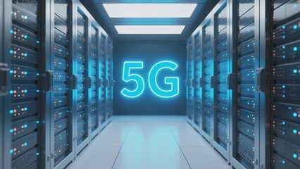 Server room with glowing 5G sign indicating advanced network technology