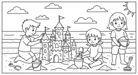 Happy Kids Building Sandcastle on Beach Outline, Joyful Summer Playtime on Isolated White Background