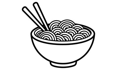 Delicious Bowl of Noodles with Chopsticks Outline, Asian Cuisine on Isolated White Background