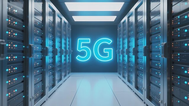 Server room with glowing 5G sign indicating advanced network technology