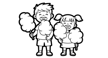 Happy Boy and Girl Enjoying Sweet Cotton Candy on Isolated White Background