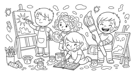 Happy Children Engaging in Creative Art Activities, Painting Together in an Art Studio