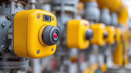 Fototapeta premium Close-up on industrial emergency stop buttons, safety features, yellow control panels. Safety mechanisms on machinery.