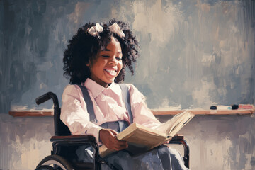 Watercolour illustration of a happy black school pupil reading a library book. Smiling disabled african girl sitting in a wheelchair. Disability inclusion in education