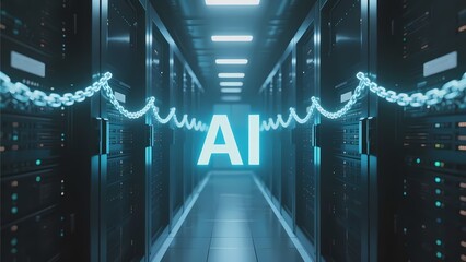 AI symbol illuminated in a futuristic server corridor with glowing data chains