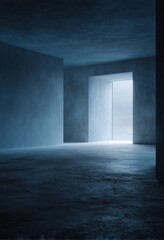 A dimly lit, modern concrete interior space with a light source from an unseen window.
