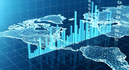 Global Business Growth Chart Overlaid on World Map in Blue Tones for Finance