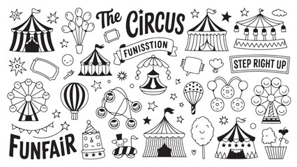 Circus funfair illustrations including tents Ferris wheel hot air balloons and other carnival elements perfect for whimsical designs and childrens projects