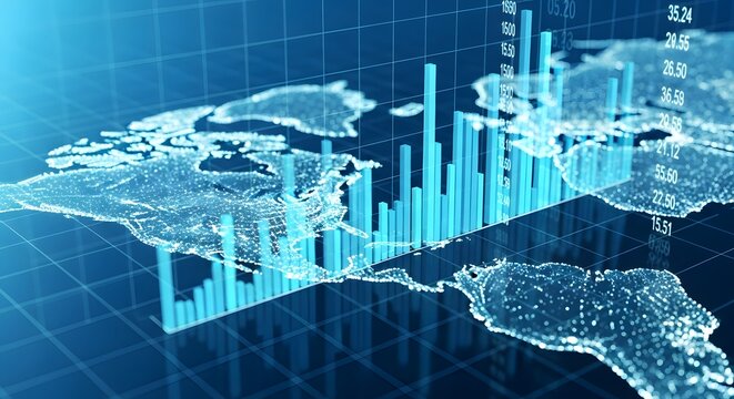 Global Business Growth Chart Overlaid on World Map in Blue Tones for Finance