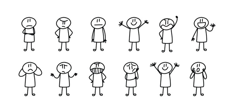 Happy children girls,boys friendly characters group cartoon illustration, Stick Figure People, Hand drawn stick man,  vector illustration.