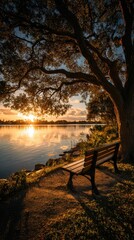 Golden sunset lakeside bench