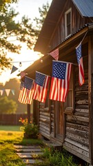 Rustic wooden house adorned with American flags at sunrise