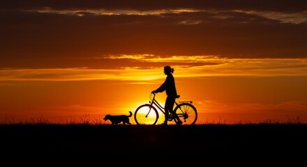 Obraz premium Silhouette of a Woman Cycling with a Dog Under a Glowing Orange Sky at Dusk