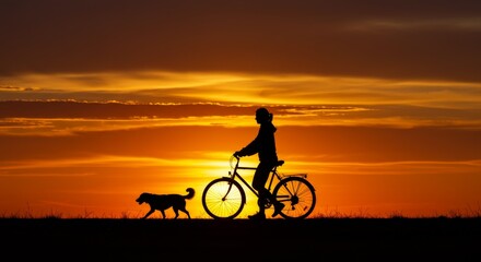 Obraz premium Silhouette of a Woman Cycling with a Dog Under a Glowing Orange Sky at Dusk