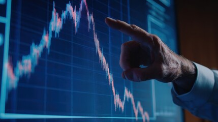 Hand analyzing declining stock market chart