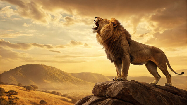 Majestic Lion Roaring on Rock at Sunset