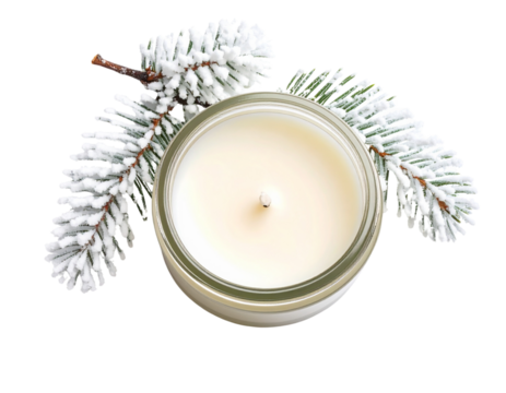 Minimalist Top-Down View of Scented Glass Jar Candle with White Frosted Winter Branch, Transparent PNG