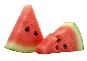Extreme close-up macro of two vibrant ruby-red watermelon slices, one bitten, glistening with condensation and oozing juice, on a transparent background. Concept of refreshing succulence