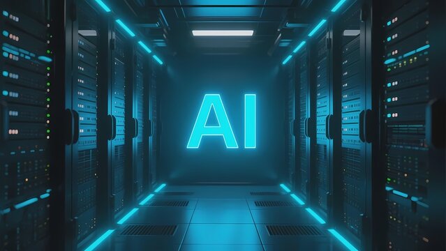 Server room with glowing AI text in a futuristic data center - Powered by Adobe