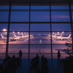 Passenger are waiting in gateway. Flight are park on the taxiway. Passenger view the flight in the gateway 