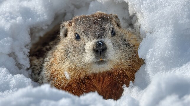 Ground Hog Snow. Wildlife Animal Emerges from Snowy Den in Nature