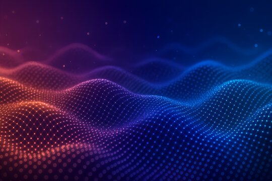 Abstract digital wave with flowing particles on a colorful gradient background