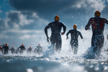Wetsuit Triathlon. Triathlon Action Start: Athletes Diving into Water for Swim Portion of Race