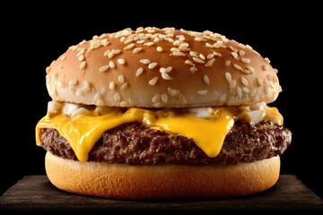 McDonalds Cheeseburger. American Big Burger with Beef Patty, Toppings, and Calorie Information on Wooden Board