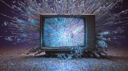 Shattered vintage TV erupting with colorful light