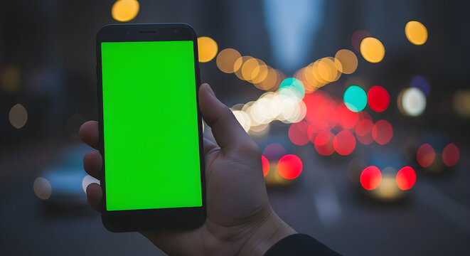 A hand holds a smartphone with a green screen in front of a blurred city street at night with bokeh lights.
