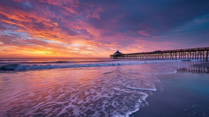 Obraz premium Charleston Beach Sunrise at Folly Pier on Atlantic Coast