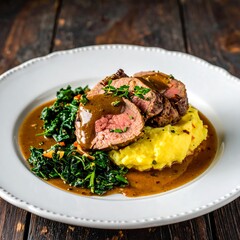 Roasted meat with mashed potatoes and greens