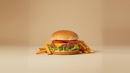 A delicious cheeseburger and french fries presented on a neutral background.