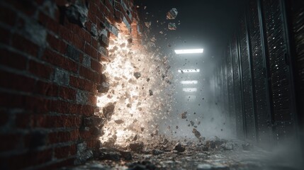 Brick wall breaking, debris flying, dark corridor