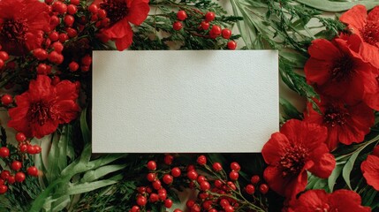 Blank card with red flowers and berries