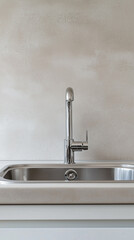Modern stainless steel kitchen sink with chrome faucet and single lever against a light textured wall; clean, minimalist interior.