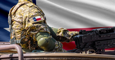 Texas US state flag with soldier at machinegun turret
